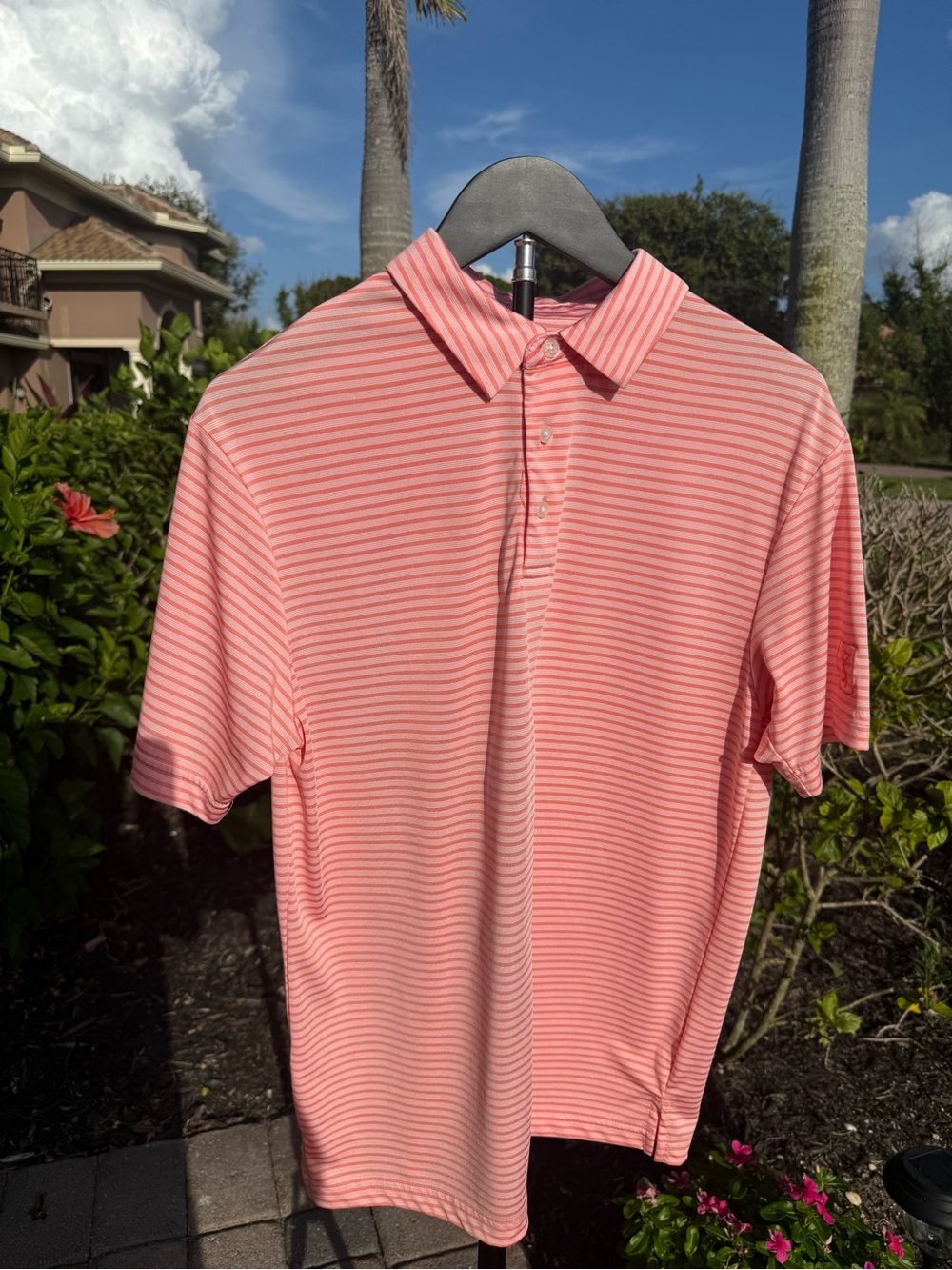 PGA Tour Coral Pink Striped Performance Polo